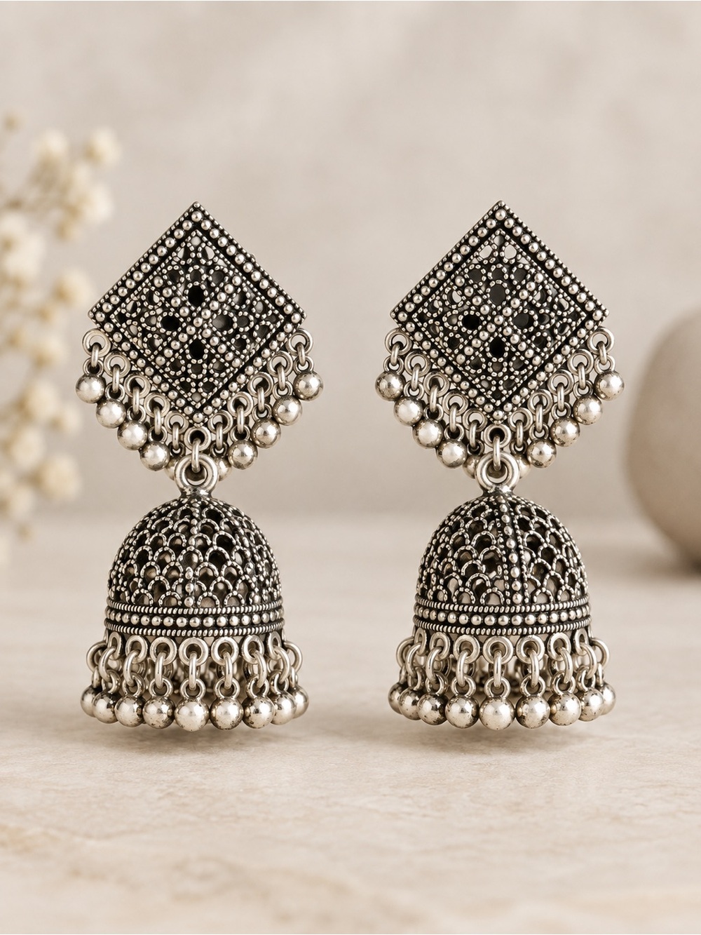 Oxidized Silver Jhumka Drop Earrings - Women Jewelry